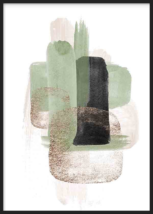 Cuadro de composición abstracta con formas superpuestas en verde salvia, negro, beige y gris suave sobre fondo claro, de estilo abstracto. Disponible en kudeko.com
