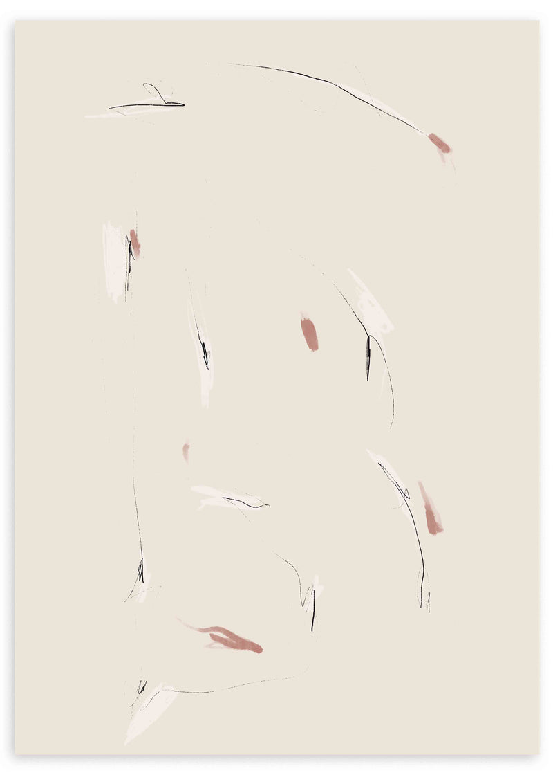 Abstraktes Wandbild mit feinen schwarzen Linien, zarten Akzenten in Puderrosa, hellem Beigefond und minimalistischer Gestaltung für ruhige Wanddekoration. Erhältlich auf kudeko.com
