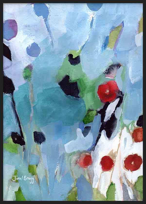 Quadro emoldurado com flores abstratas em tons de azul, branco, vermelho, verde e preto, composição leve de estilo abstrato orgânico sobre fundo luminoso. Disponível em kudeko.com