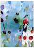 Cuadro con flores abstractas en tonos azul, blanco, rojo, verde y negro, composición ligera de estilo abstracto. Disponible en kudeko.com