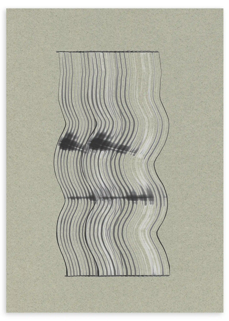 Tableau avec lignes ondulées noires et grises sur fond beige texturé, composition abstraite au style minimaliste et équilibré pour décoration murale. Disponible sur kudeko.com