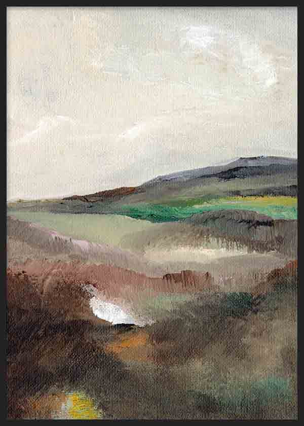 Quadro de paisagem com colinas suaves, céu nublado, campos em bege, cinzento, verde musgo e castanho, num estilo natural e contemporâneo sereno. Disponível em kudeko.com