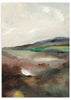 Cuadro de paisaje de colinas suaves, cielo claro, campos en beige, gris, verde musgo y marrón, de estilo naturaleza y paisajes. Disponible en kudeko.com
