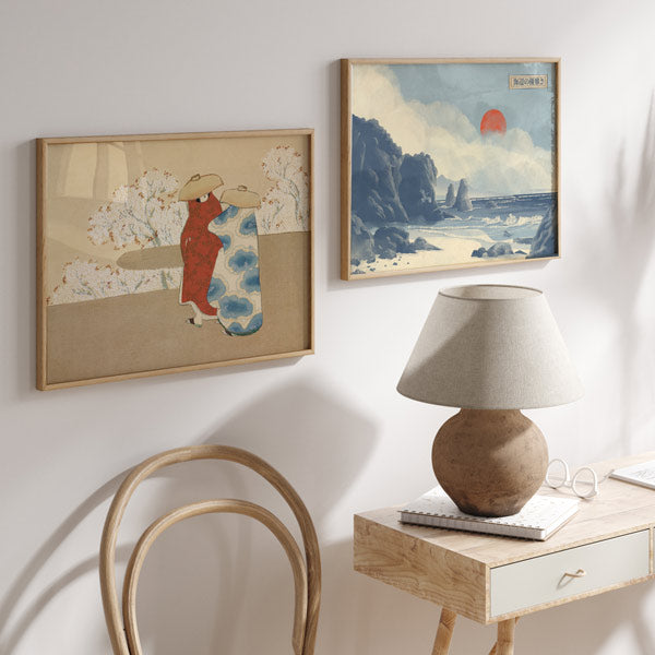 Cuadro horizontal japonés con paisaje marino, acantilados y sol rojo estilo Japandi, kudeko.com
