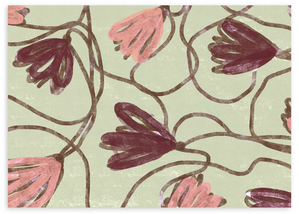 Tableau horizontal avec fleurs stylisées rose et grenat, fond vert clair, tiges brunes ondulées et composition organique dans un style floral contemporain. Disponible sur kudeko.com