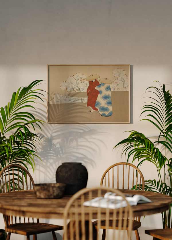 Cuadro horizontal japonés con dos figuras y árboles en flor estilo Japandi, kudeko.com
