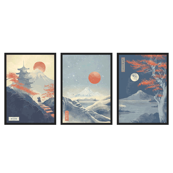 Conjunto de tres cuadros paisajes japoneses estilo Japandi, kudeko.com
