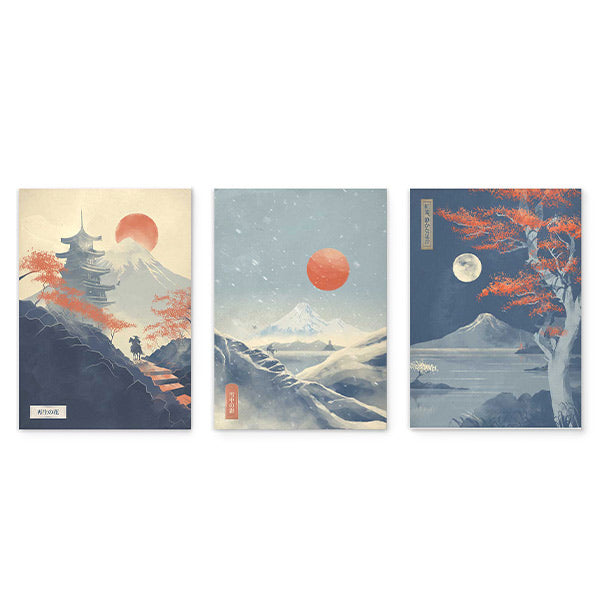 Conjunto de tres cuadros con paisajes japoneses, pagoda, monte nevado, lago, luna y árboles coral en tonos azul grisáceo, blanco y rojo suave, de estilo vintage. Disponible en kudeko.com