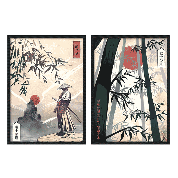 Conjunto de dos cuadros japoneses estilo Japandi con samurái y bosque de bambú, kudeko.com
