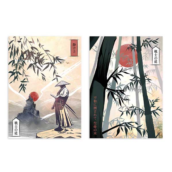 Conjunto de dos cuadros con samurái, bambú, soles rojos, fondos crema, sombras negras y composición japonesa de estilo ilustración. Disponible en kudeko.com