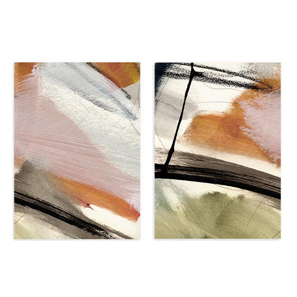 Conjunto de dos cuadros con formas abstractas en rosa empolvado, blanco, negro, ocre y verde salvia, con composición contemporánea de estilo abstracto. Disponible en kudeko.com