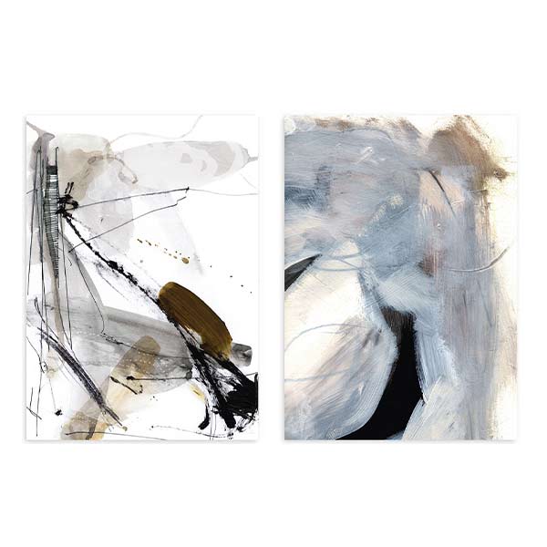 Conjunto de dos cuadros con composición abstracta en tonos gris, blanco, negro y dorado tierra, con líneas expresivas, manchas suaves y formas etéreas de estilo abstracto. Disponible en kudeko.com