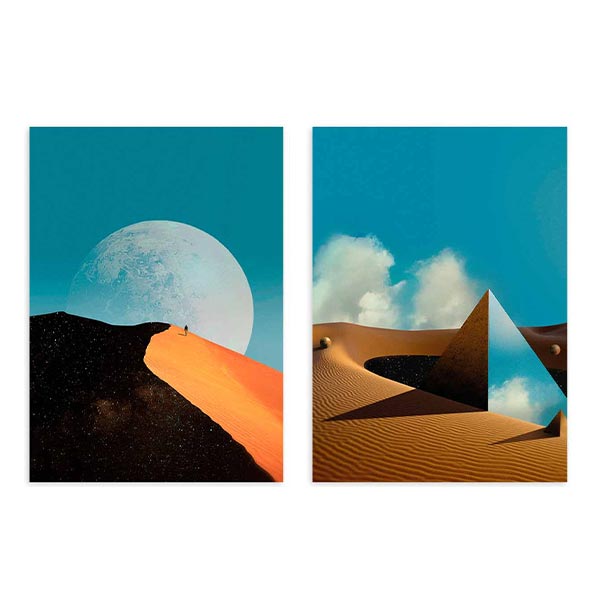Conjunto de dos cuadros con dunas anaranjadas, pirámide reflectante, cielo turquesa, nubes blancas, colina oscura y gran luna, de estilo naturaleza y paisajes. Disponible en kudeko.com