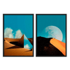 Conjunto de dos cuadros coloridos, ilustraciones surrealistas con desierto, espacio y cielo azul