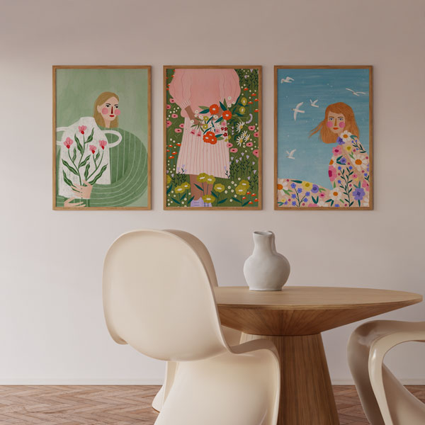 Cuadro ilustrado colorido mujer con flores y gaviotas de Bea Muller, kudeko.com
