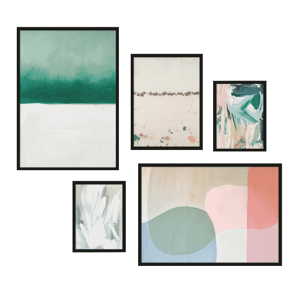 Conjunto de cinco cuadros abstractos en tonos pastel con marco negro, kudeko.com
