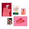 Conjunto de cinco cuadros ilustrados coloridos con figuras femeninas, flores y sombrero, kudeko.com
