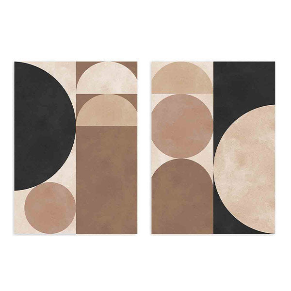 Conjunto de cuadros marrón minimalistas con diseño geométrico moderno, disponibles en kudeko.com.

