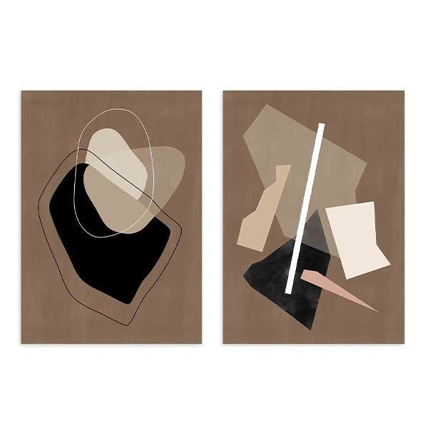Conjunto de quadros castanhos minimalistas com design abstrato, disponíveis em kudeko.com. Disponível em kudeko.com