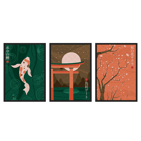 Conjunto de tres cuadros japoneses minimalistas con carpa koi, torii y ramas de cerezo en flor, kudeko.com
