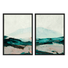 Conjunto de dos cuadros abstractos, paisaje montañoso