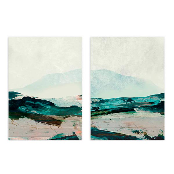 Conjunto de dos cuadros abstractos, paisaje montañoso