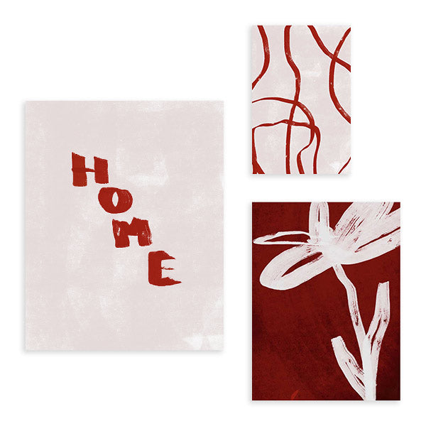 Conjunto de tres cuadros abstractos terracota con tipografía, líneas y flor minimalista, kudeko.com
