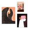 Conjunto de tres cuadros ilustrados coloridos con figuras femeninas y flores, kudeko.com
