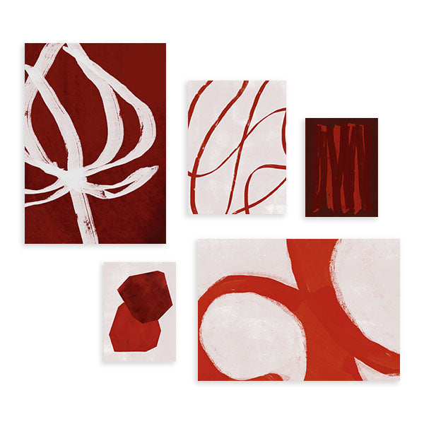 Conjunto de cinco cuadros abstractos terracota con trazos, líneas y formas geométricas, kudeko.com
