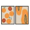 Conjunto de dos cuadros coloridos, ilustración con naranjas y papayas. Una combinación de cuadros hechos para convivir el uno con el otro