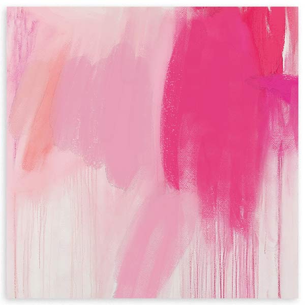 Tableau carré abstrait dans des tons rose et fuchsia pour décoration moderne, formes expressives et composition contemporaine. Disponible sur kudeko.com