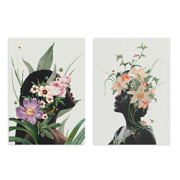 Conjunto de dos cuadros, ilustraciones artísticas de mujeres con motivos florales