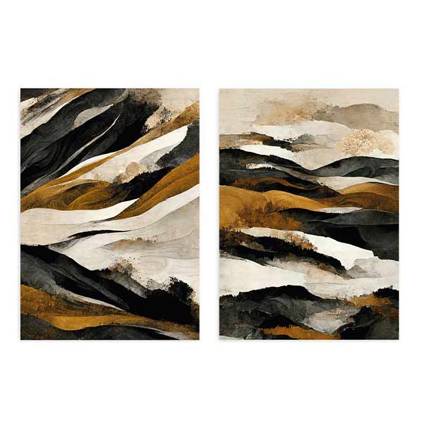 Conjunto de dos cuadros con montañas abstractas en tonos negro, blanco roto, beige y ocre dorado, con formas fluidas y contraste elegante de estilo abstracto. Disponible en kudeko.com