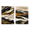 Conjunto de dos cuadros abstractos, paisaje montañoso en tonos bronce, marrones y negros