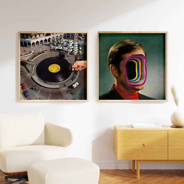 Cuadro surrealista de una plaza convertida en vinilo con aguja de tocadiscos, disponible en kudeko.com.
