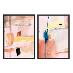 Ensemble de deux tableaux avec composition abstraite en rose poudré, crème, jaune doux, noir et bleu pétrole, avec formes libres, lignes fines et style contemporain. Disponible sur kudeko.com