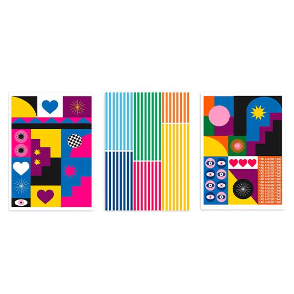 Conjunto de tres cuadros con formas geométricas, rayas multicolor, corazones, ojos y círculos en rosa fucsia, azul, amarillo, verde, naranja y negro, de estilo colorido. Disponible en kudeko.com