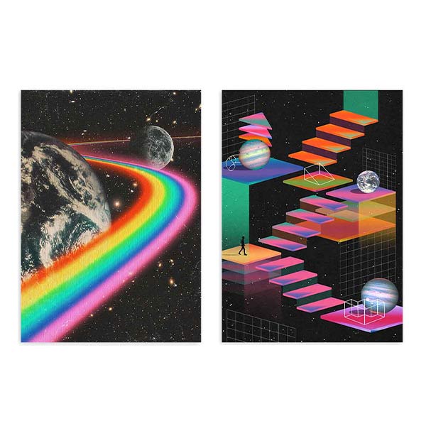 Conjunto de dos cuadros de arte retro-futurista con temática espacial y estructuras geométricas, disponible en kudeko.com.
