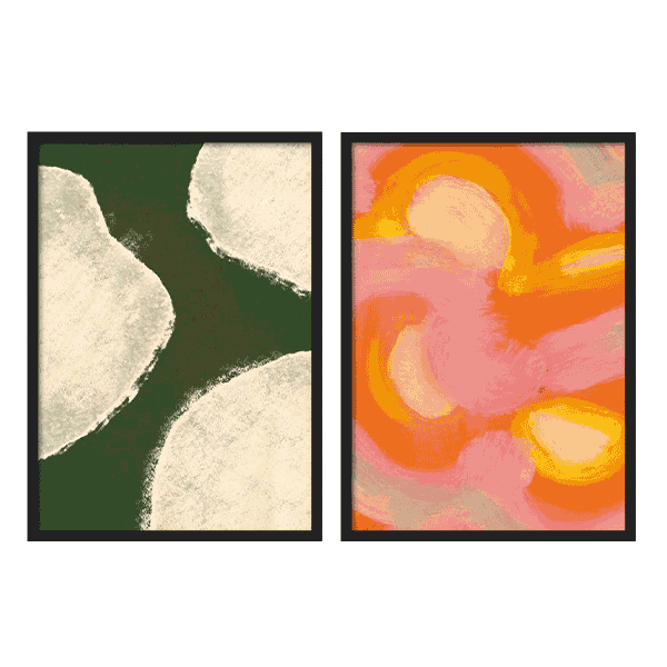 Conjunto de dos cuadros abstractos orgánicos con colores intensos en verde, rosa y naranja, en marco negro, kudeko.com
