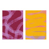 Conjunto de dos cuadros abstractos gráficos con colores vibrantes en burdeos, rosa y amarillo, en marco negro, kudeko.com
