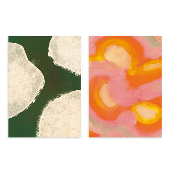 Conjunto de dos cuadros abstractos orgánicos con colores intensos en verde, rosa y naranja, en marco negro, kudeko.com
