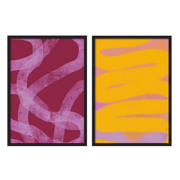 Conjunto de dos cuadros abstractos gráficos con colores vibrantes en burdeos, rosa y amarillo, en marco negro, kudeko.com
