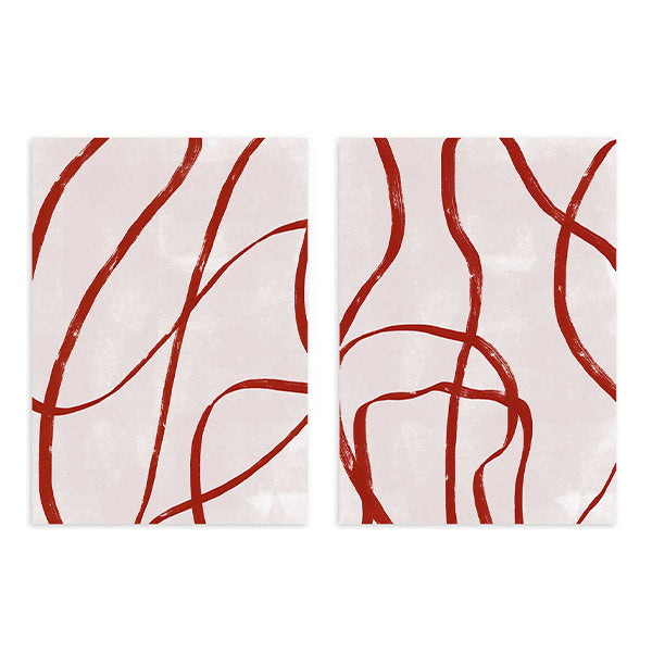 Conjunto de dos cuadros con líneas curvas rojo terracota sobre fondo beige claro, composición abstracta de estilo minimalista. Disponible en kudeko.com