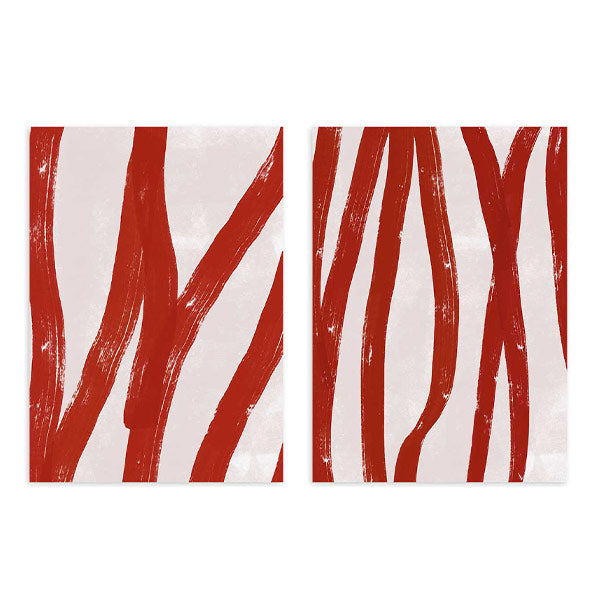 Conjunto de dos cuadros abstractos con líneas verticales terracota sobre fondo beige, kudeko.com
