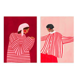 Conjunto de dos cuadros ilustrados con mujeres en camisas a rayas rojas, kudeko.com
