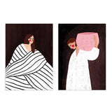 Conjunto de dos cuadros ilustrados con mujeres en fondo oscuro y detalles en blanco y rosa, kudeko.com
