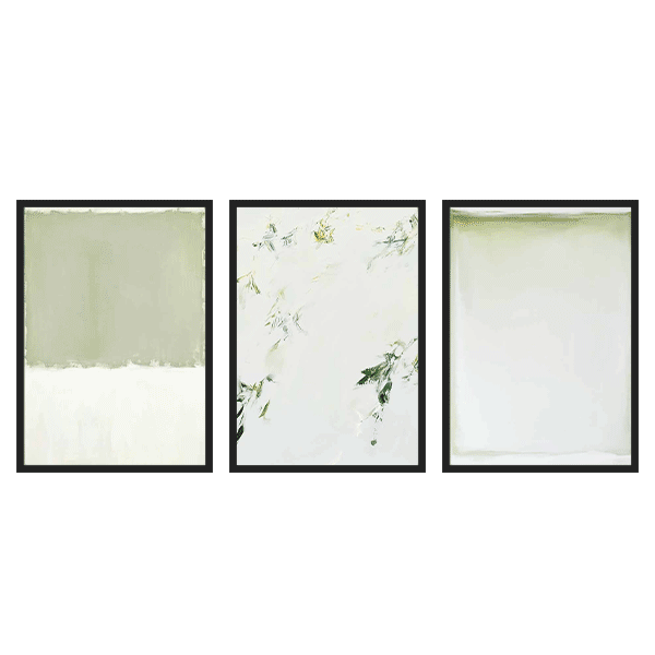 Conjunto de tres cuadros abstractos verdes y blancos con marco negro, kudeko.com
