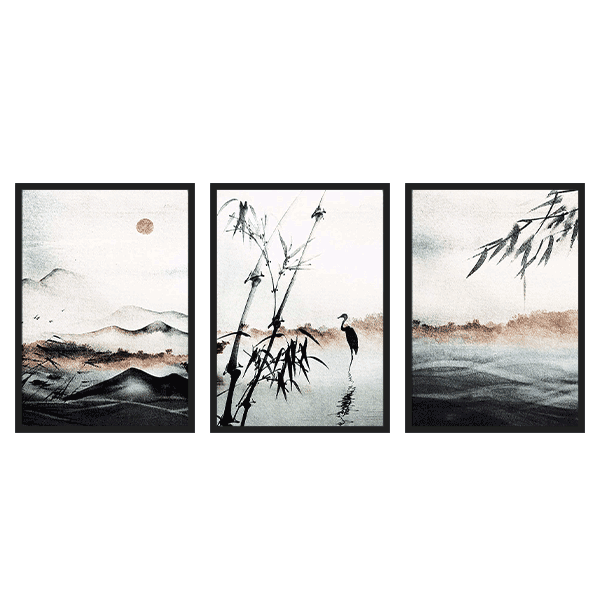 Conjunto de tres cuadros japoneses minimalistas con paisajes en tinta sumi-e, kudeko.com
