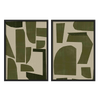 Set aus zwei Wandbildern mit unregelmäßigen geometrischen Abstract Formen in Olivgrün und Beige, ausgewogene Komposition im klaren abstrakten Stil. Erhältlich auf kudeko.com
