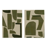 Conjunto de dos cuadros con formas abstractas geométricas irregulares en verde oliva y beige, composición equilibrada de estilo abstracto. Disponible en kudeko.com